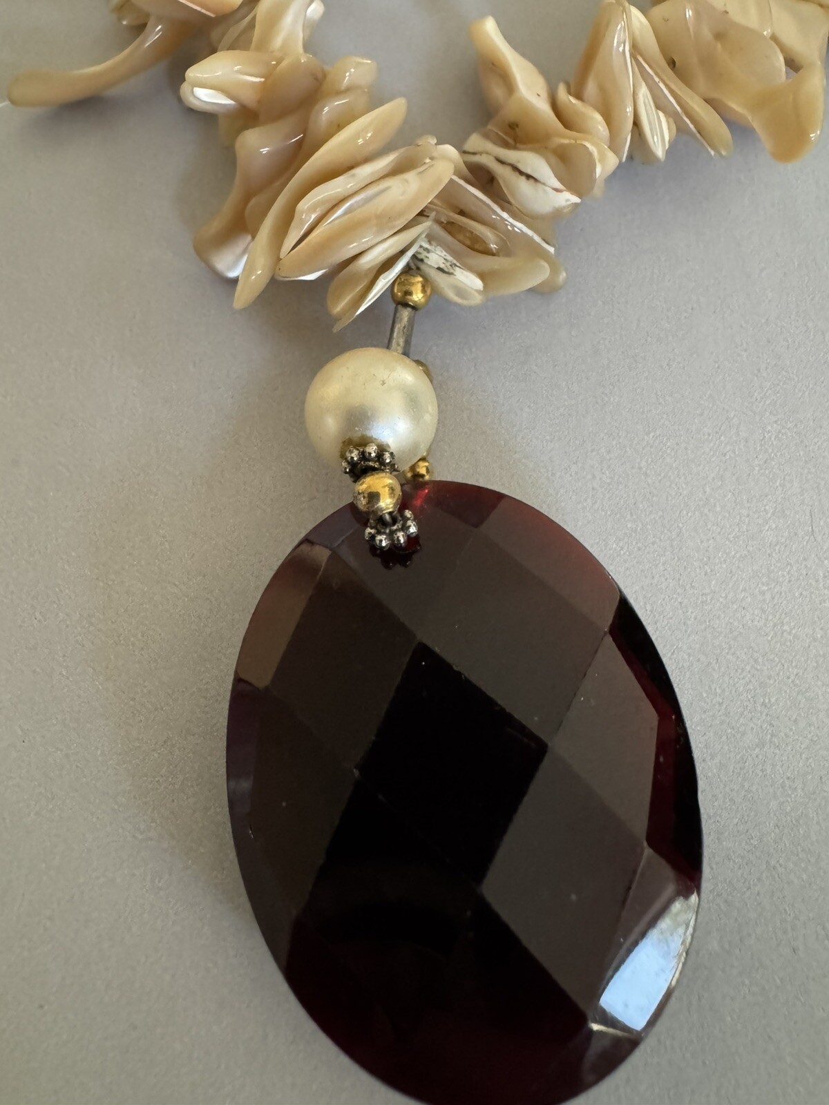 Beautiful Vintage Shell Necklace With Red Bezel Pendant