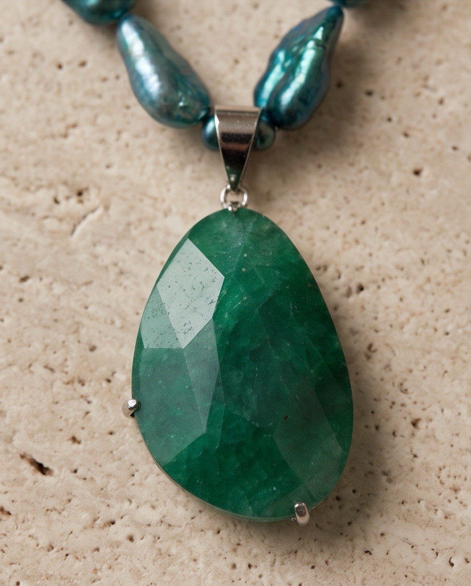 Teal Blue Baroque Pearl Necklace 54g Chunky Nugget w/ Green Stone Pendant St