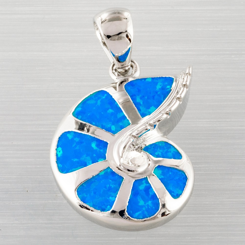 Conch Shell Ocean Blue Fire Opal Silver Jewelry Necklace Pendant