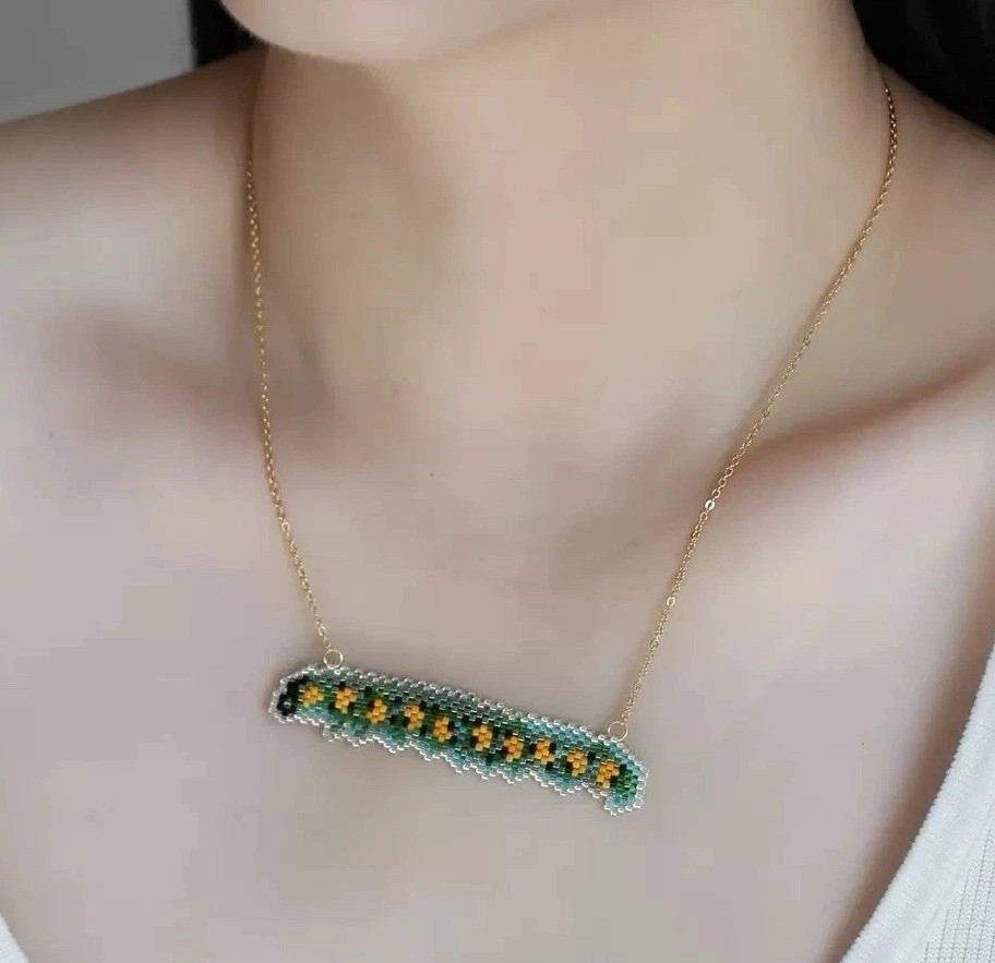 Handmade Caterpillar Pendant Beaded Bar Necklace Gift for Women Girls