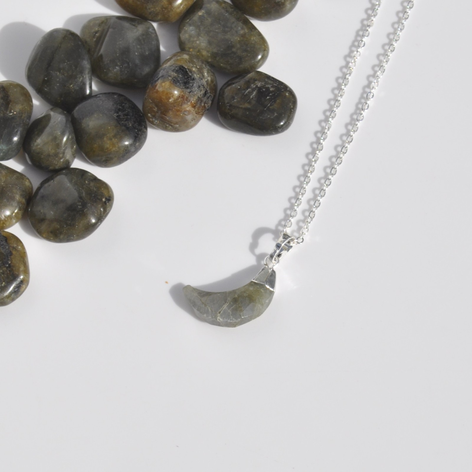 Labradorite Crystal Moon Pendant Necklace on silver plated chain 45cms brand NEW