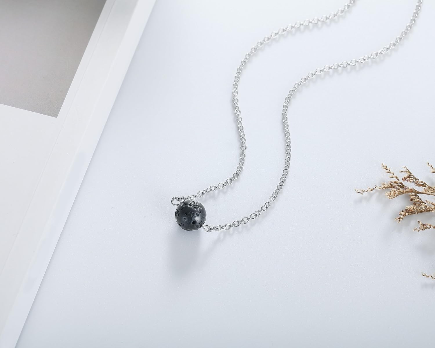 Stylish Lava Rock Aromatherapy Pendant Necklace in Silver and Black Design