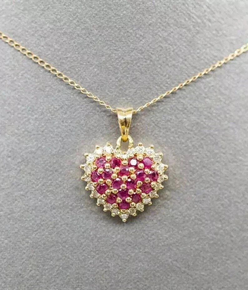 Cluster Heart Shape Pendant 14K Yellow Gold Plated Round Cut Simulated Pink Ruby