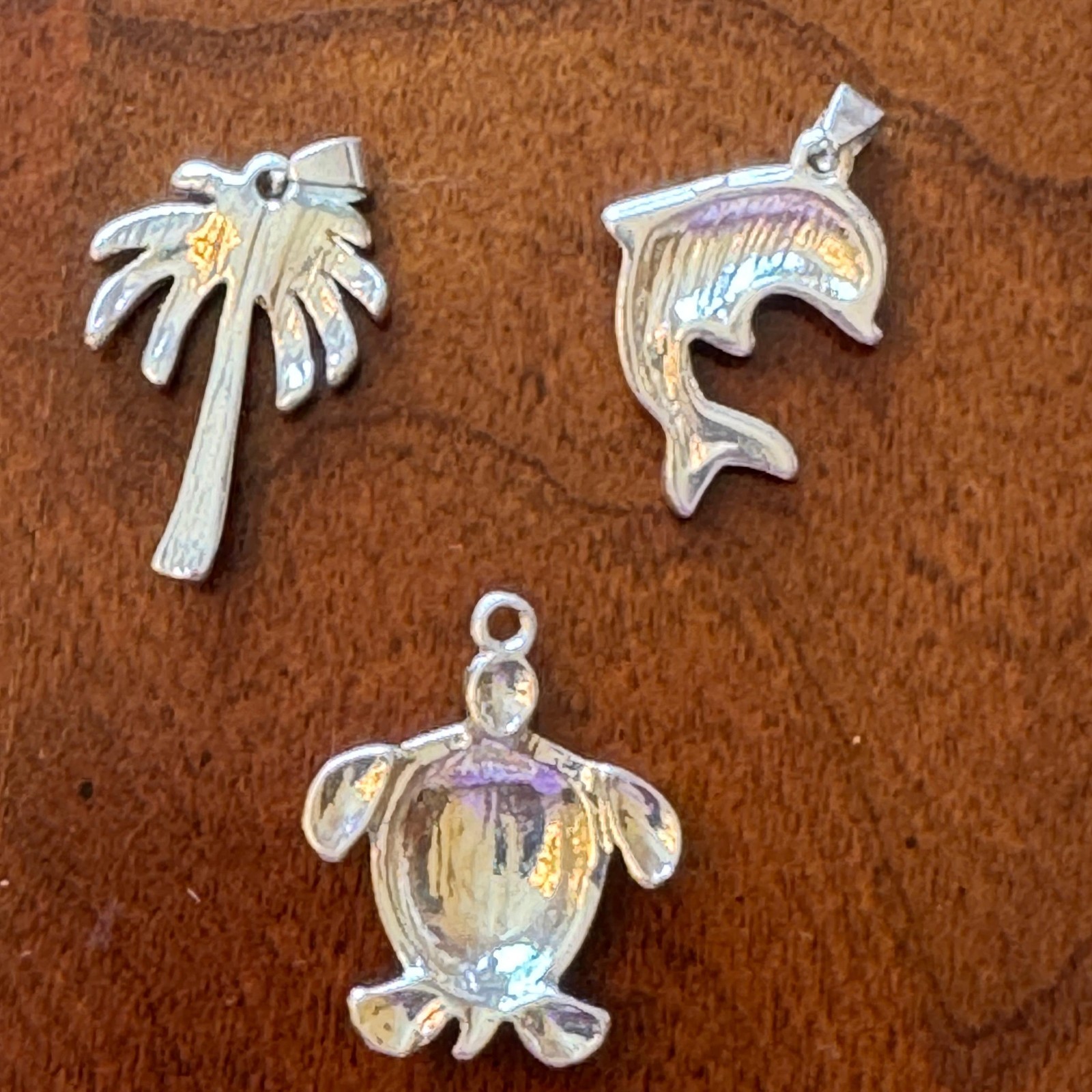 3 Beach Charms Pendants Silver Tone Rhinestone Sea Turtle Dolphin Palm Tree