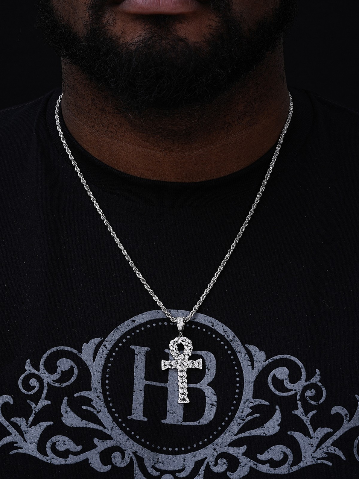 Ankh Cuban Link Cross 14k Gold Plated Solid 925 Sterling Silver Pendant 1ct CZ