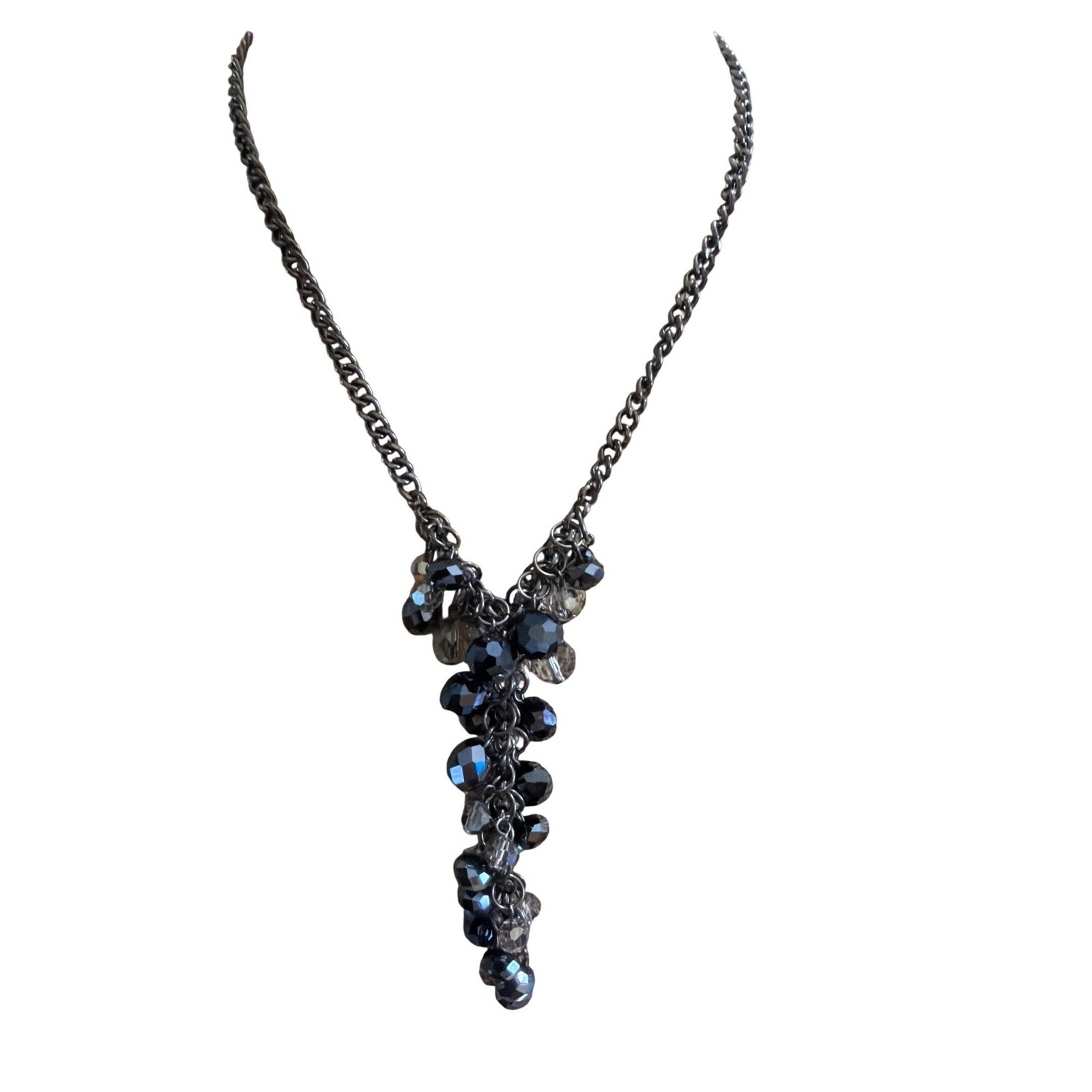 Gunmetal Beaded Cluster Statement Necklace Black Smoky Grey Faceted Tiers