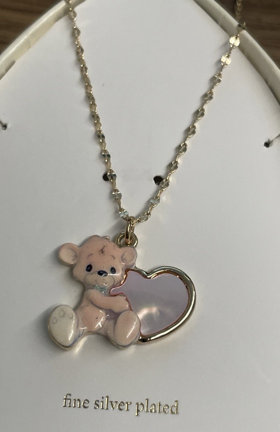 Precious Moments Bear & Heart Necklace Fine Silver Plated Gold Tone & Enamel