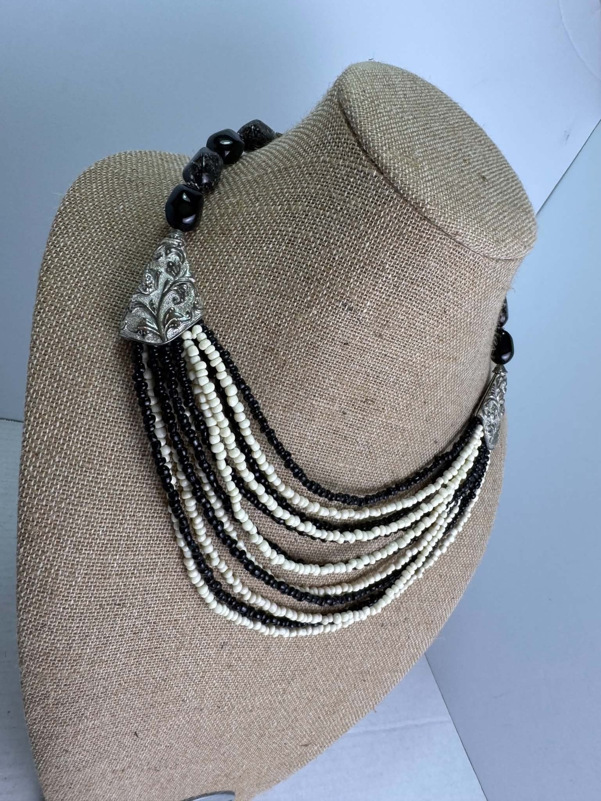 Chic Black White Multi-Strand Beaded Statement Necklace Silver Tone Accents