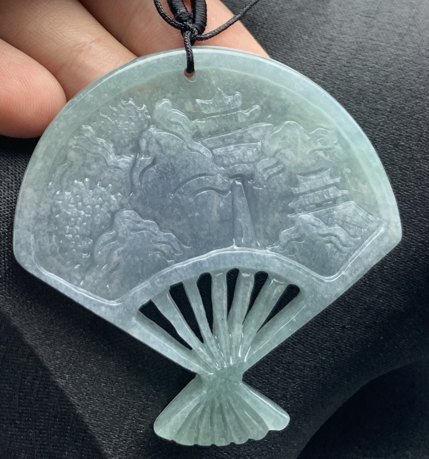 Video Certified Green Natural A Jade jadeite Pendant Tree House Fan 418969 TS
