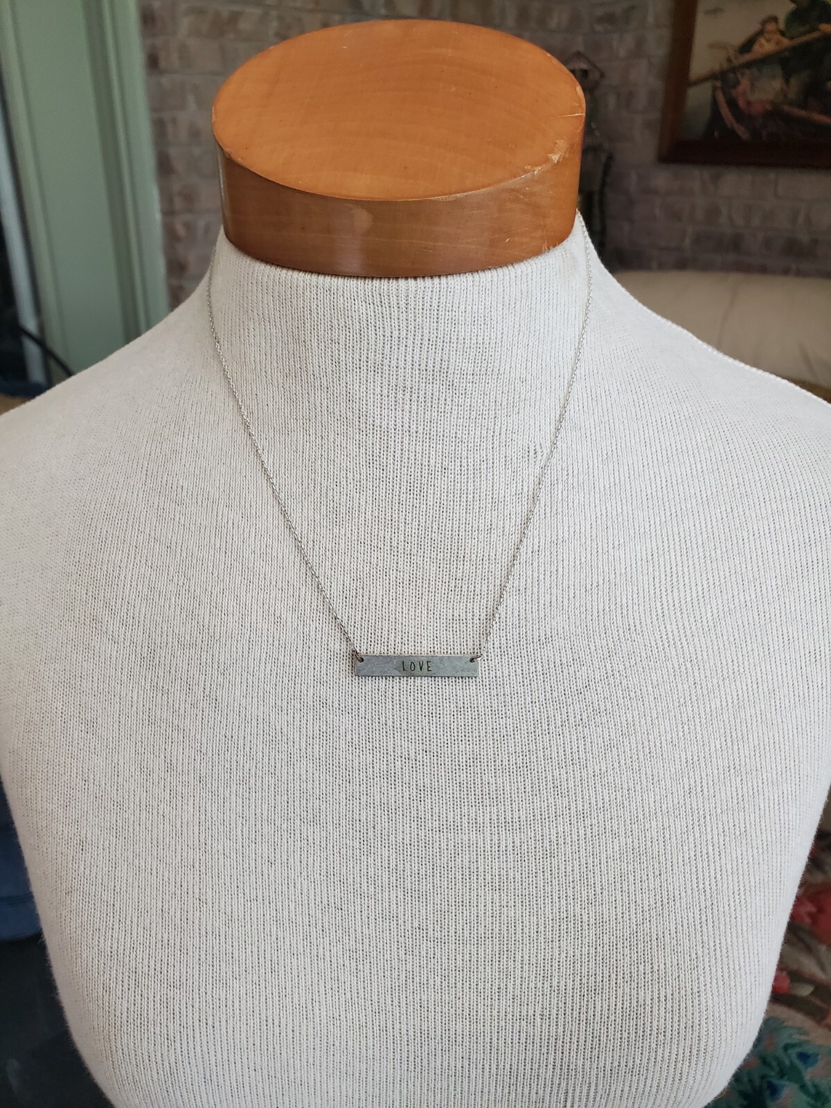 Silver Tone Engraved LOVE Bar Pendant Chain Adjustable Necklace