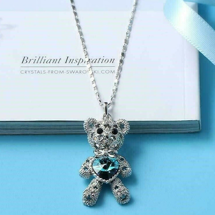 925 Sterling Silver I Love you Heart Blue Topaz Teddy Bear Pendant Necklace