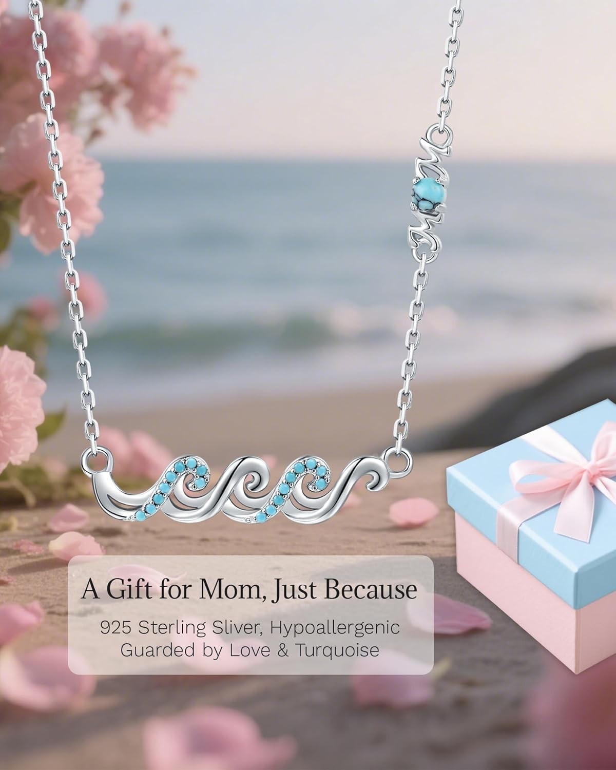 Wave Necklace for Women– 925 Sterling Silver Ocean Jewelry with Turquoise, Senti