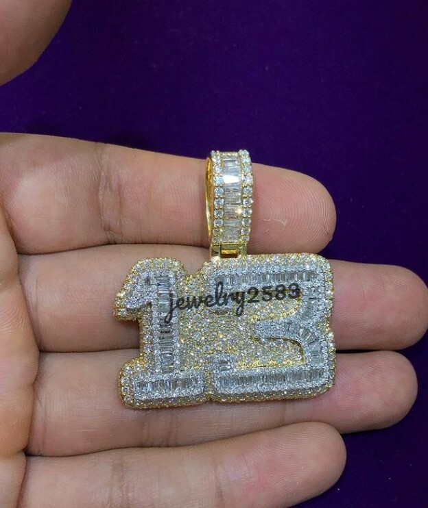 Men’s 2.76Ct Baguette Simulated Diamond Custom Number 13 Pendant 925 Silver
