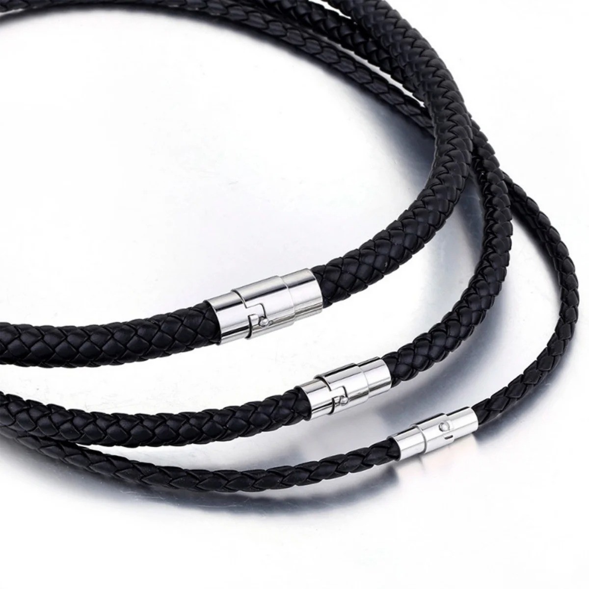 4/6/7MM Mens Black Braided Cord Rope Leather Necklace Choker w/ Magnetic Clasp