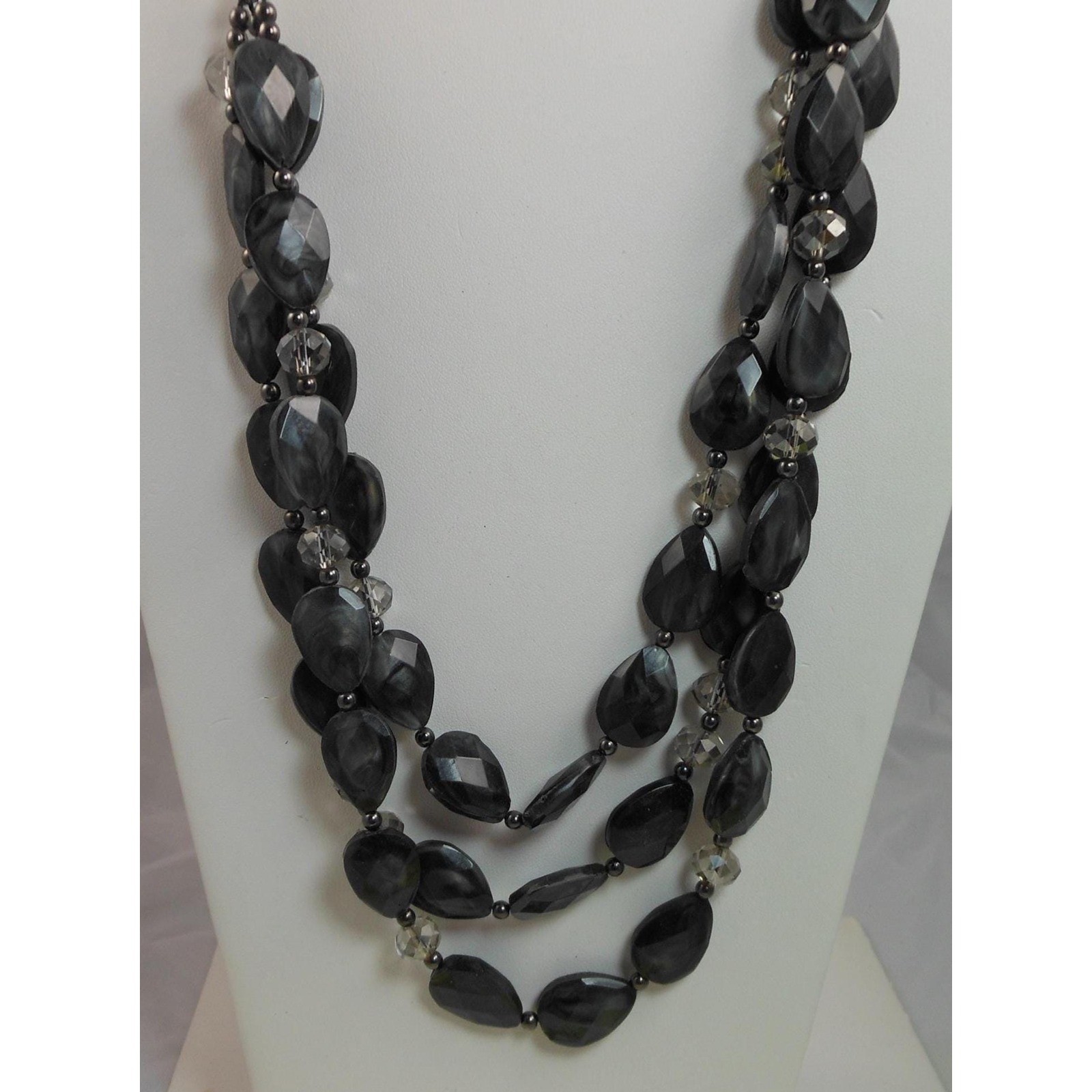 Vintage Three Strand Crystal Pendant Black Grey Necklace – Designer Signed