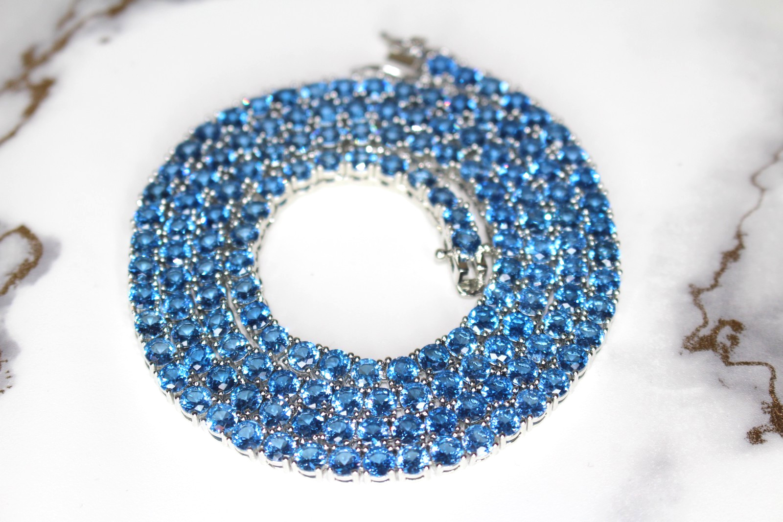 14k STAMPED 4mm True BLUE Lab Sim Diamond 70ct Tennis Chain Necklace Gem 41g