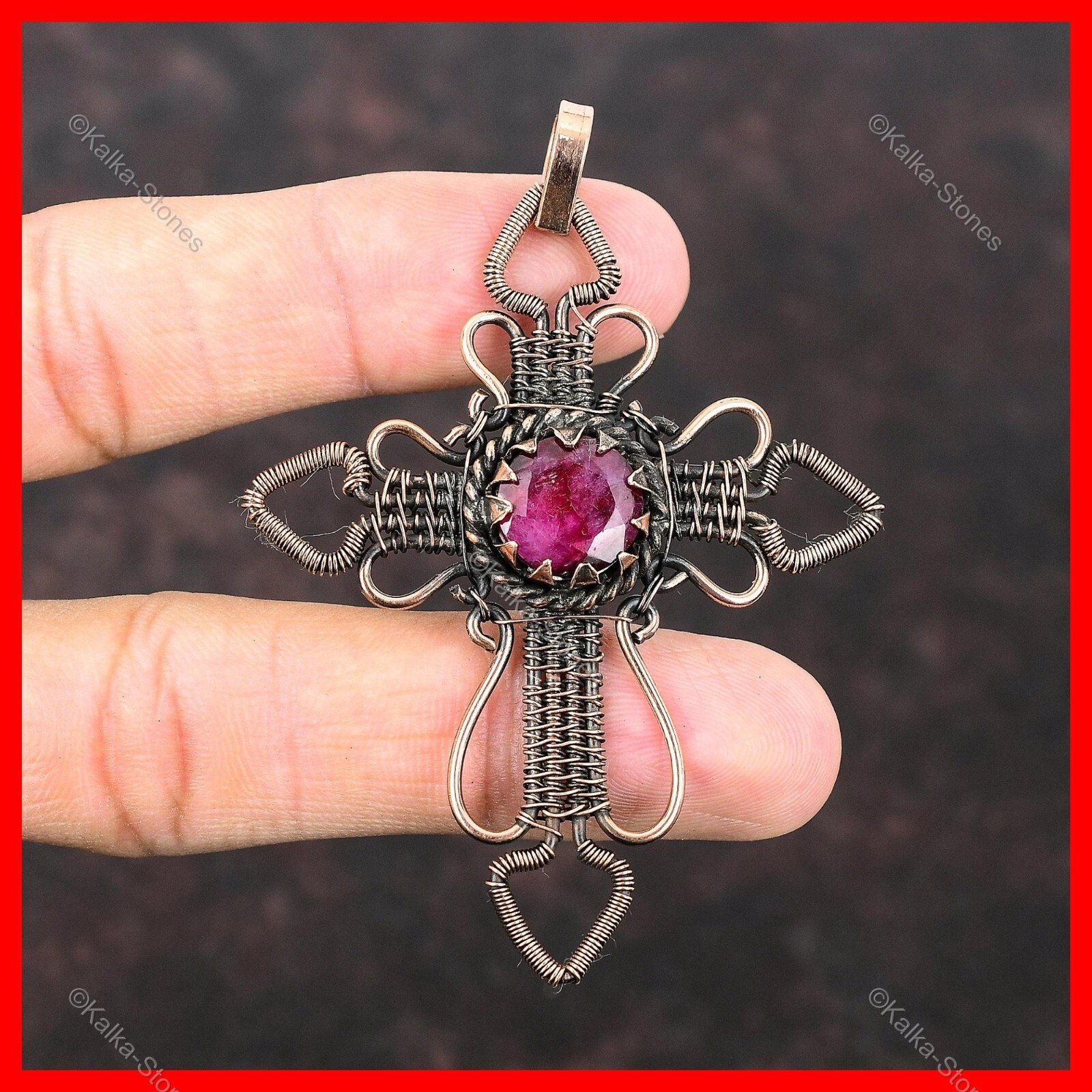 Kashmir Rubi Gemstone Copper Cross And Wire Wrapped Ethnic Wife Pendant Jewelry