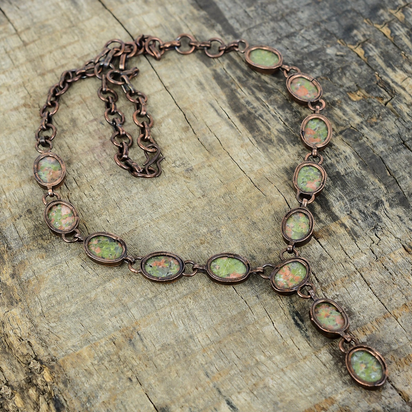 Oval Unakite Gemstone Chain Bezel Electroformed Wife Anniversary Necklace Copper