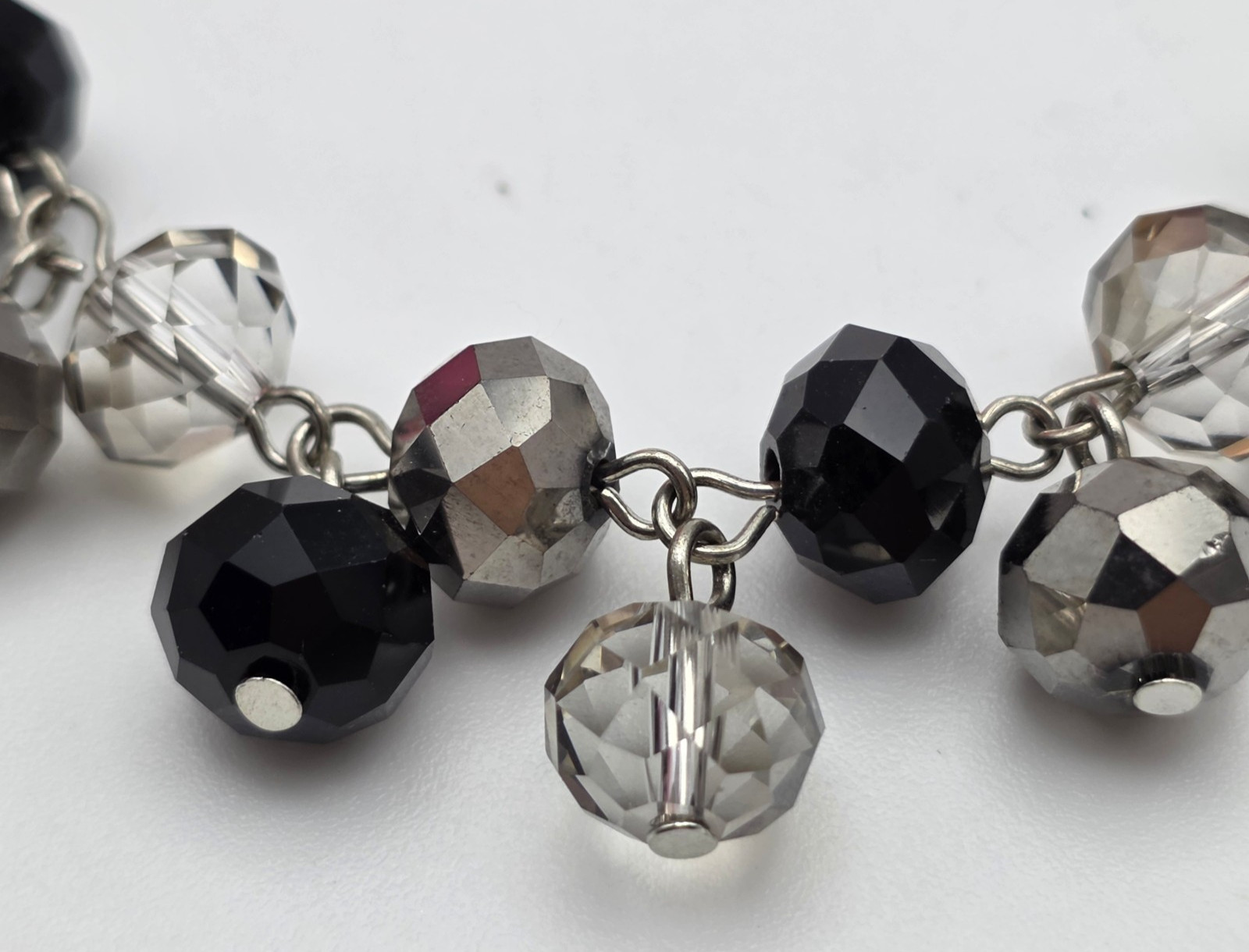 Black Clear Silver Faceted Crystal Bead Cluster Fringe Necklace 21 In
