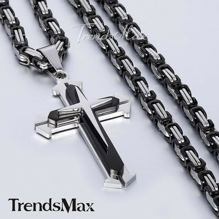 Mens Chain Silver Black Byzantine Box Stainless Steel Cross Pendant Necklace 22″