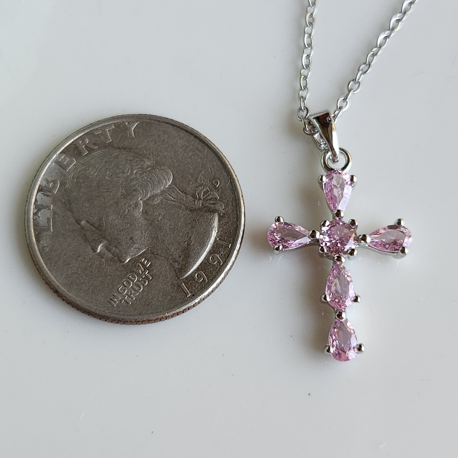 14k White Gold-Plated Pear Pink Tourmaline CROSS 1” Pendant free chain
