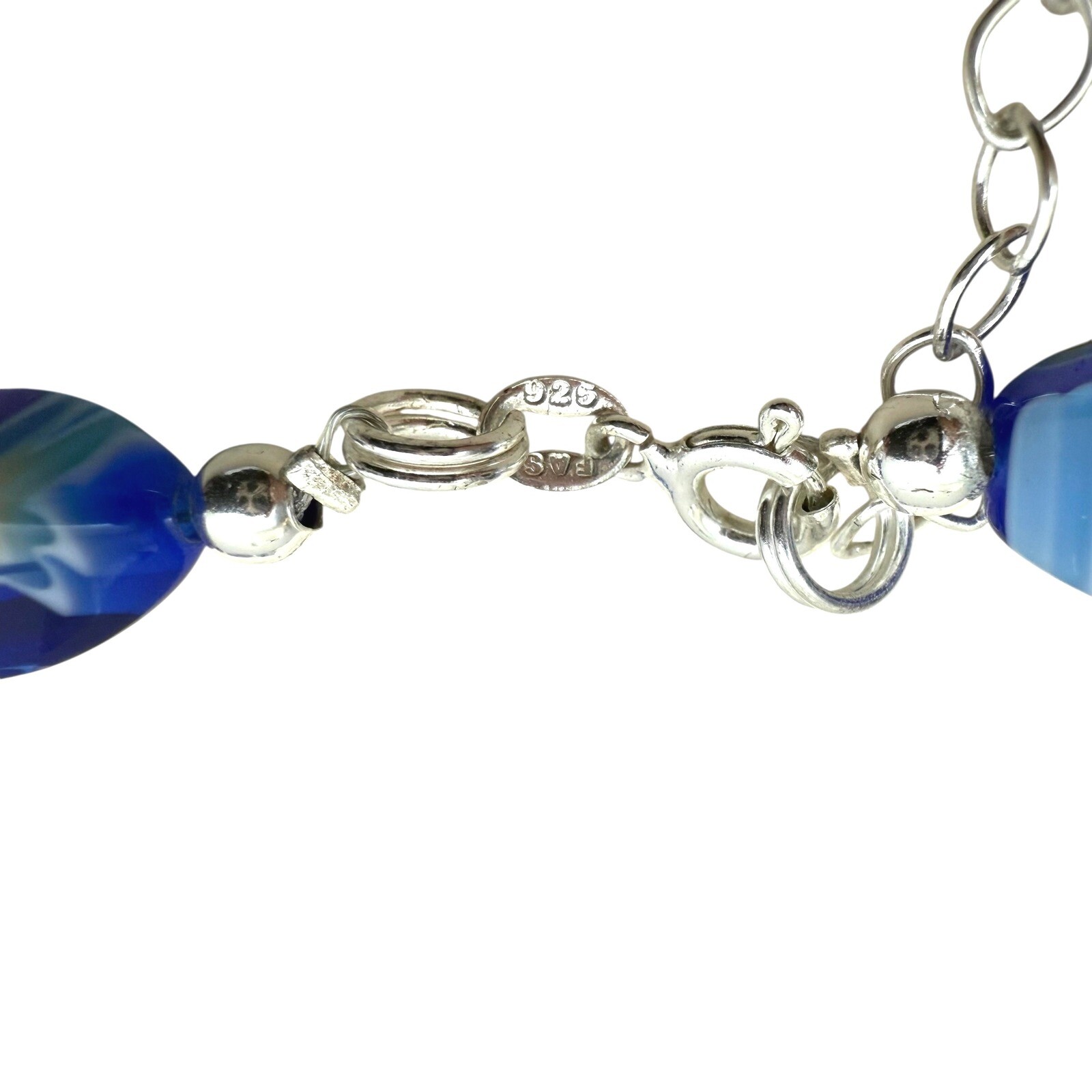 925 Silver Blue Millefiori Glass Beaded Necklace Floral Collar Accent 7.5 in L