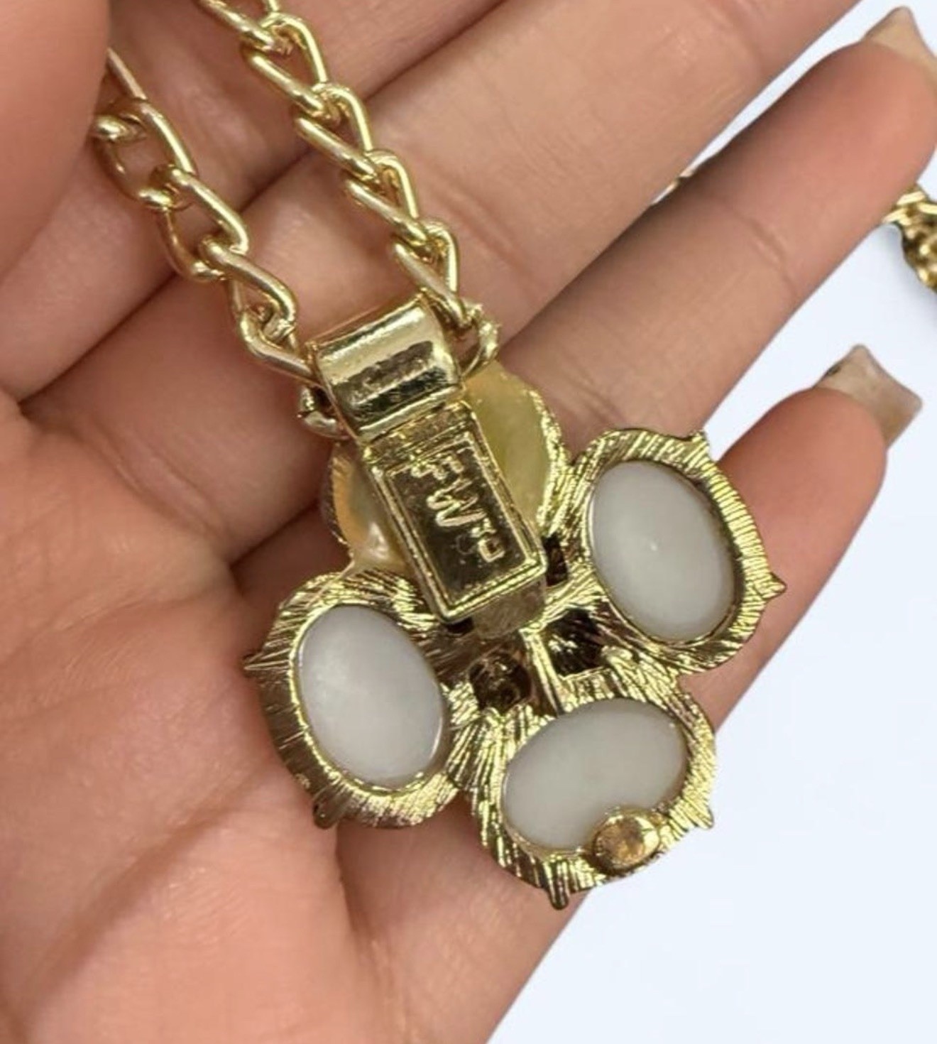 Gold Tone Cable Chain Necklace w/ Flower Charm Pendant & White Rhinestone