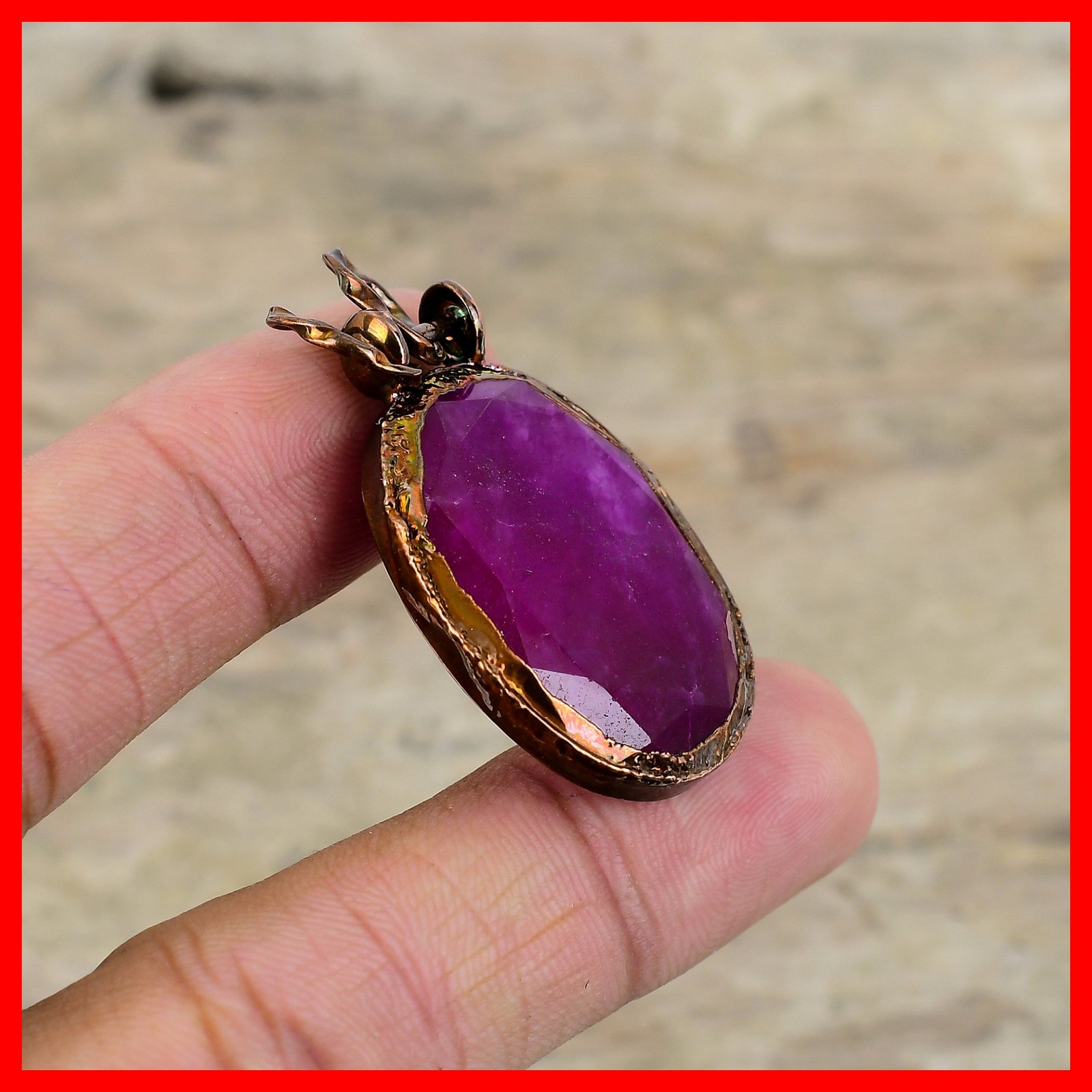 Oval Natural Kashmir Rubi Bezel Electroformed Artisan Elegant New Pendant Copper