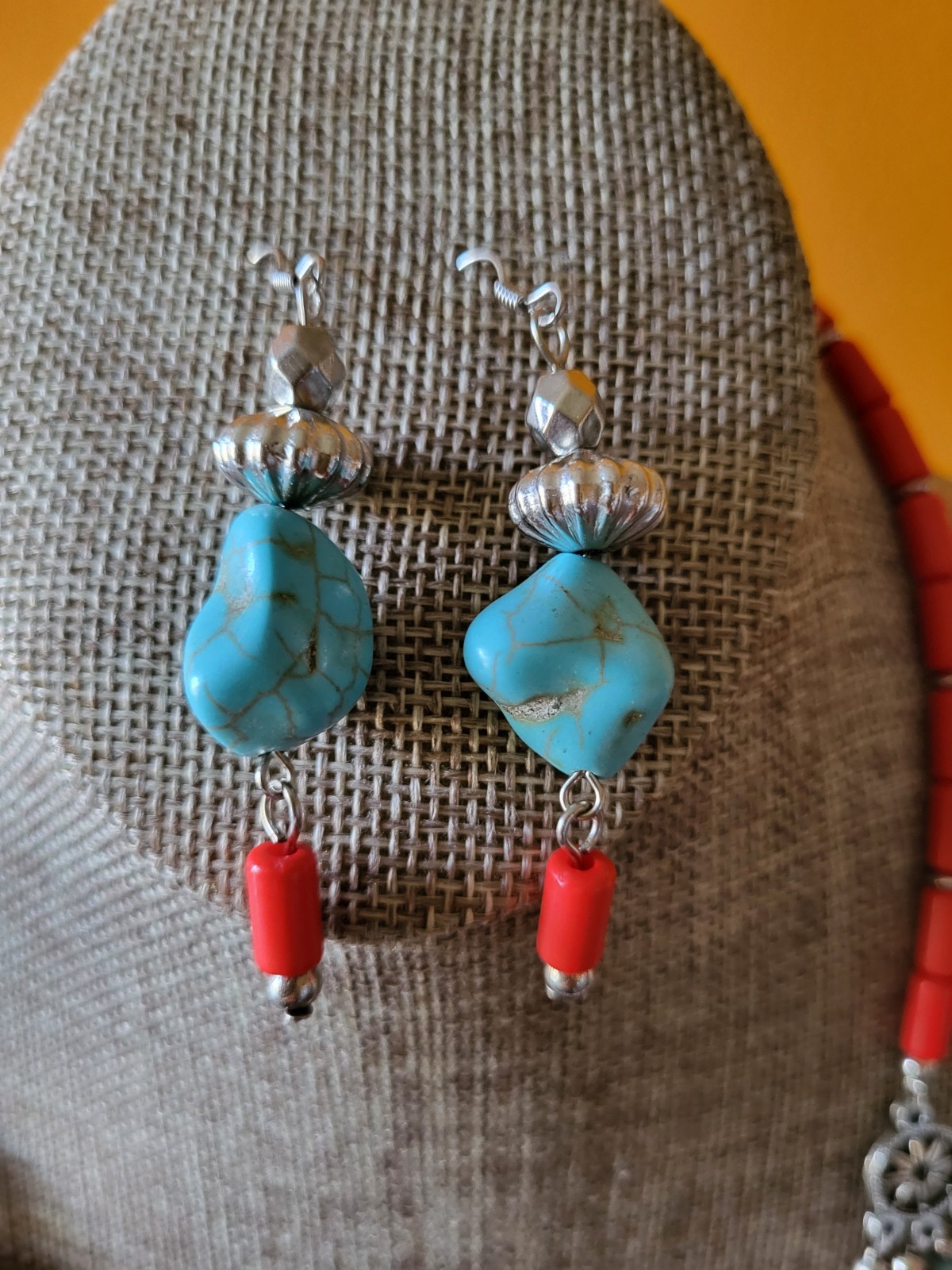 Tibet or Nepal stylebturquoise and coral statement bib necklace wiyh earings