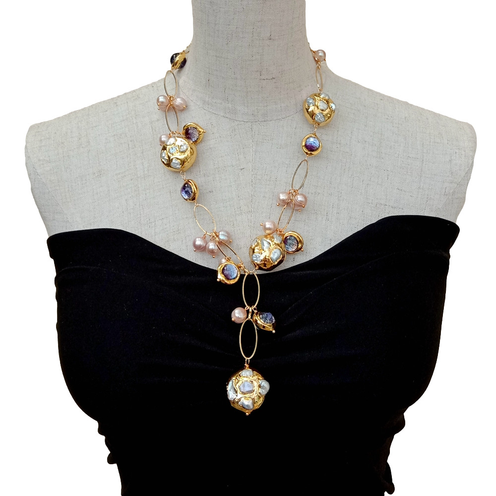 White Keshi Pearl Pink Pearl Purple Murano Glass Chain Pearl Y-Drop Necklace