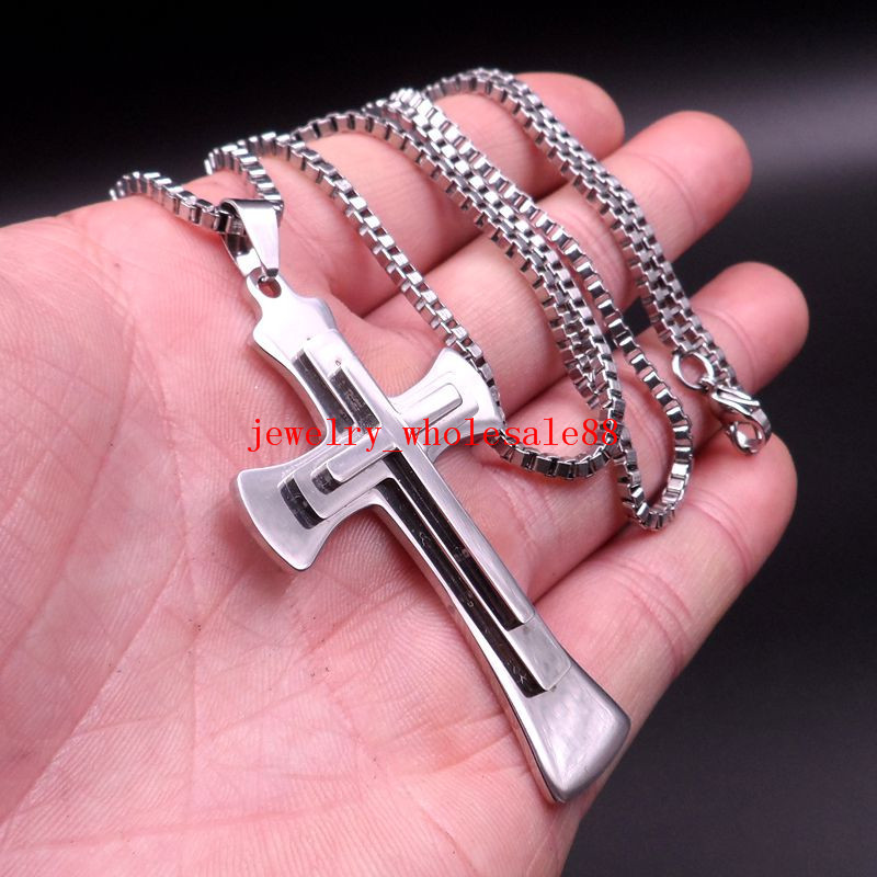 20”-32” Men’s Necklace Stainless steel Large Cross religious Pendant Jewelry