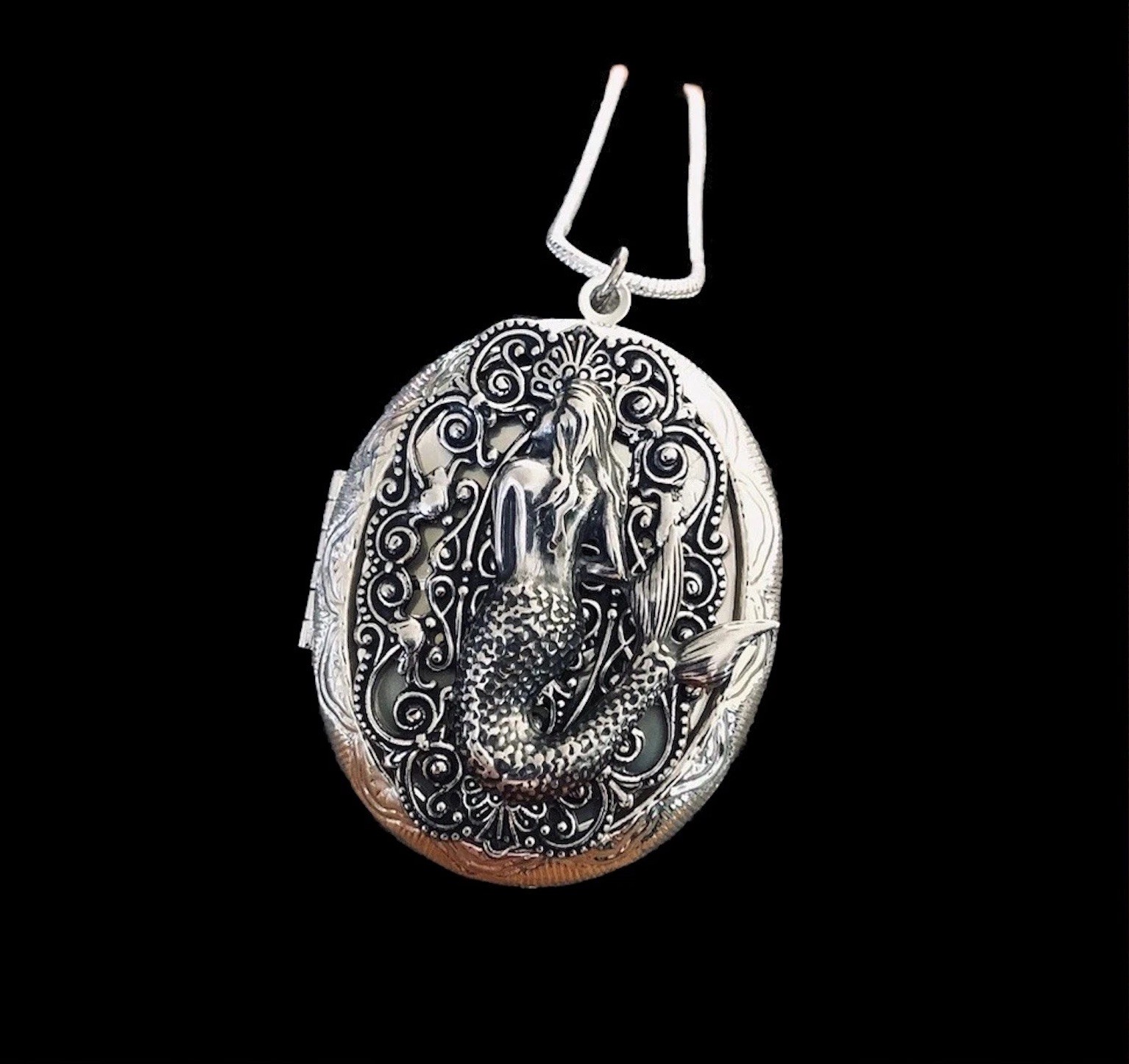 Mermaid Locket Necklace, Nautical Pirate Jewelry Silver Photo Pill Stash Box