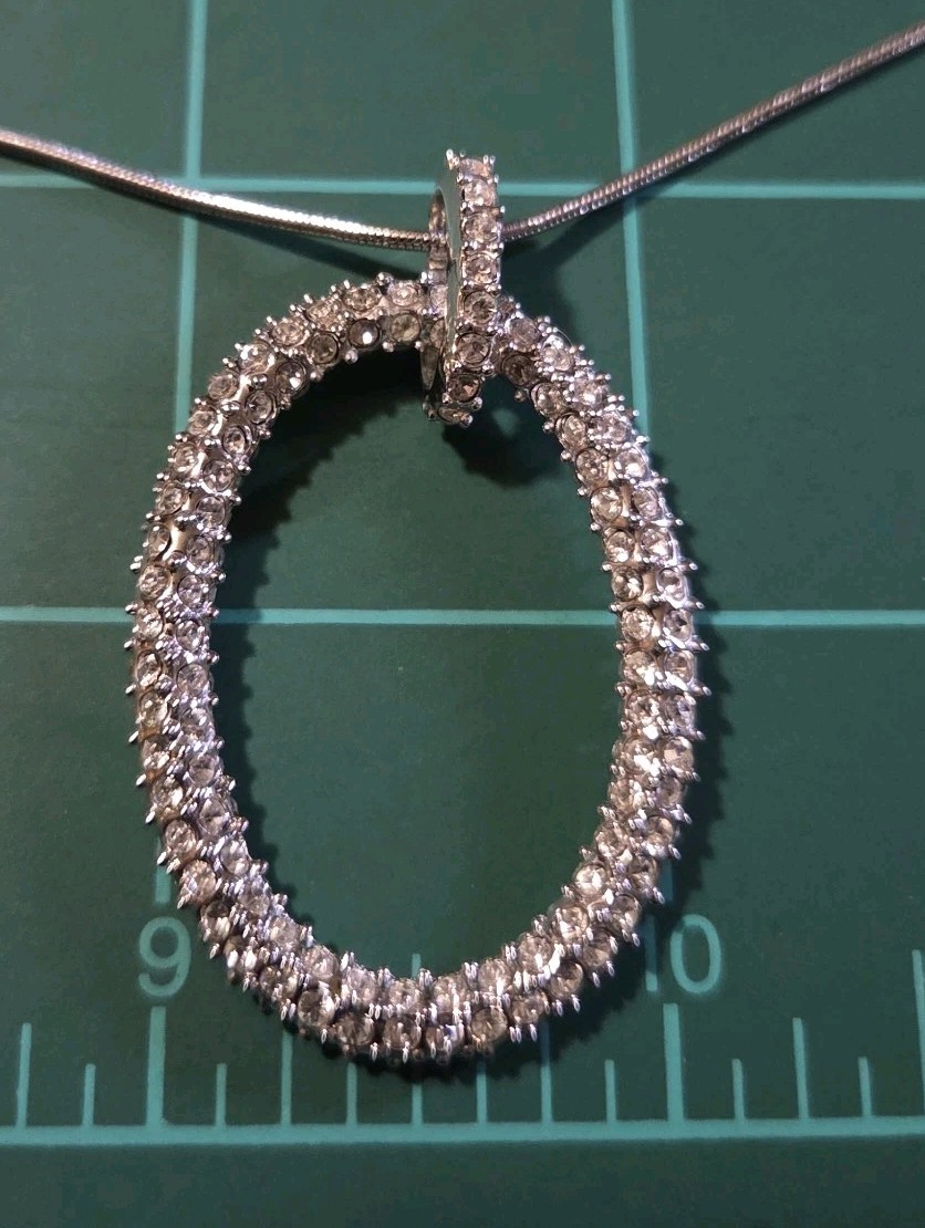 Park Lane? Unmarked Silver Tone Oval Necklace 20″ Clear CZ Cubic Zirconia Pave