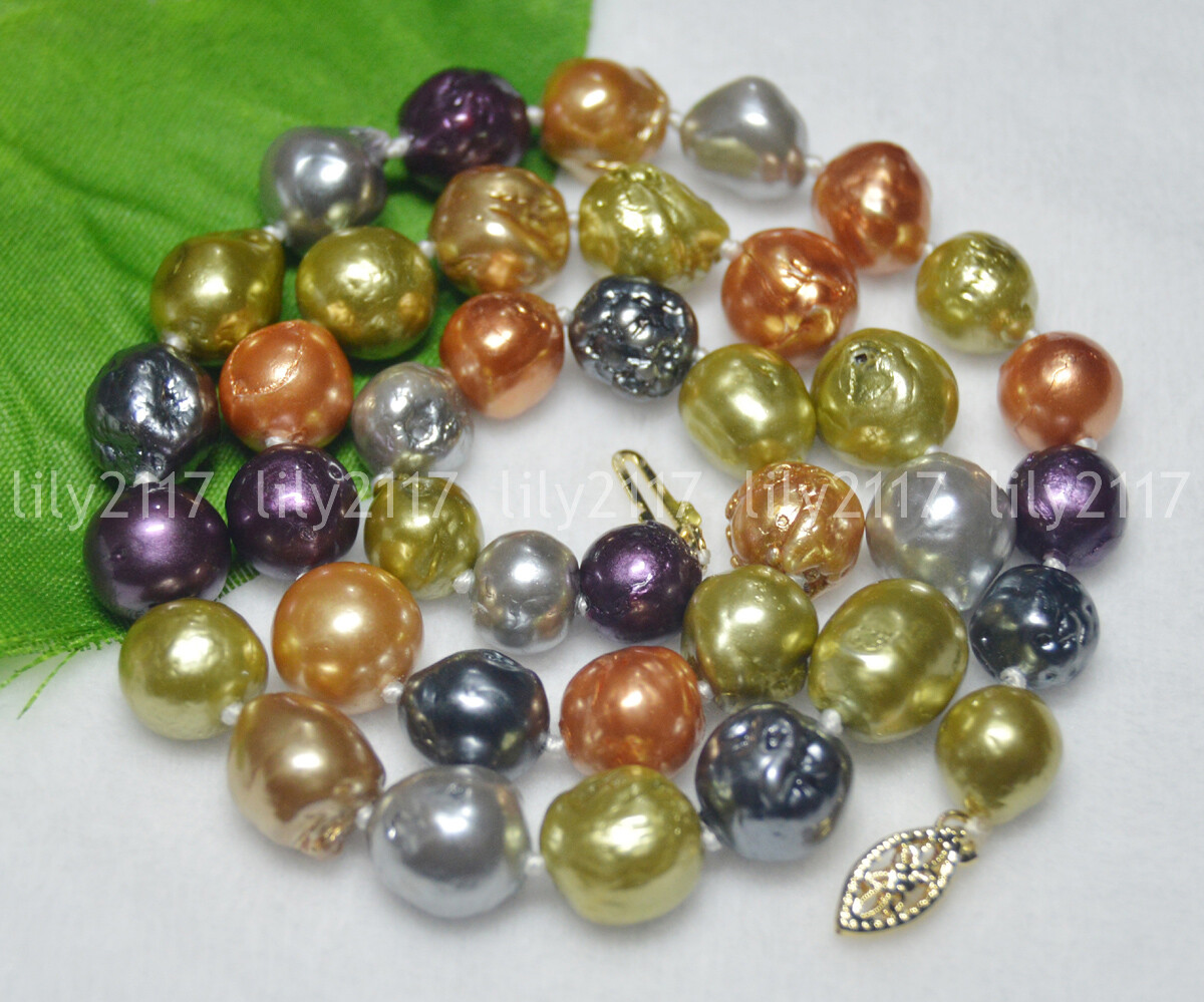 REAL NATURAL 10-12MM SOUTH SEA GENUINE COLOURFUL BAROQUE PEARL NECKLACE 14K 18”