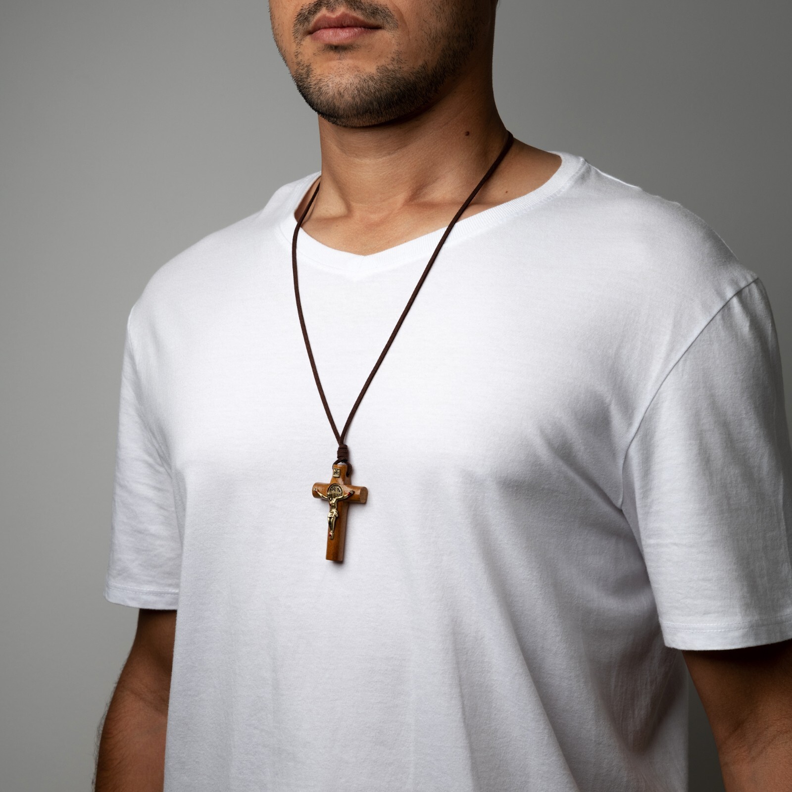 Wooden Cross Crucifix St Benedict Necklace Leather Cord Men Women Adjustable