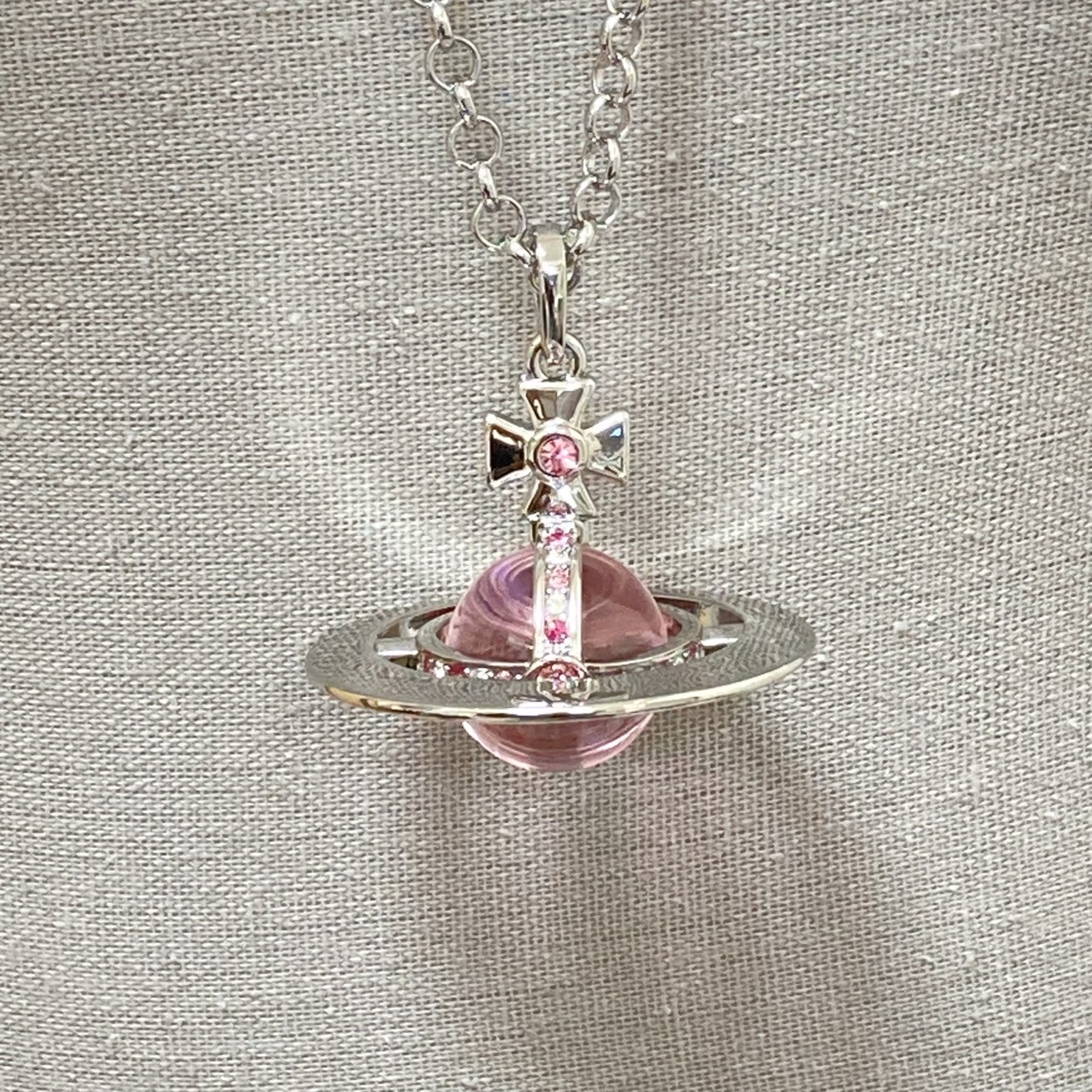 Vivienne Westwood Necklace Small Orb Silver Pink Chain 80cm Top 4.5cm NO BOX