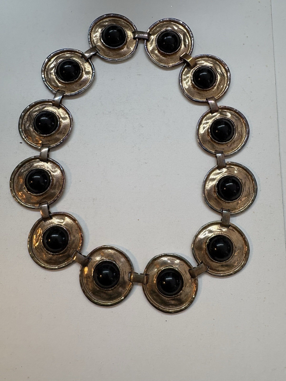 Vintage Chocker Necklace Large Modernist Hammered Disks W Black Cabochons 80’s
