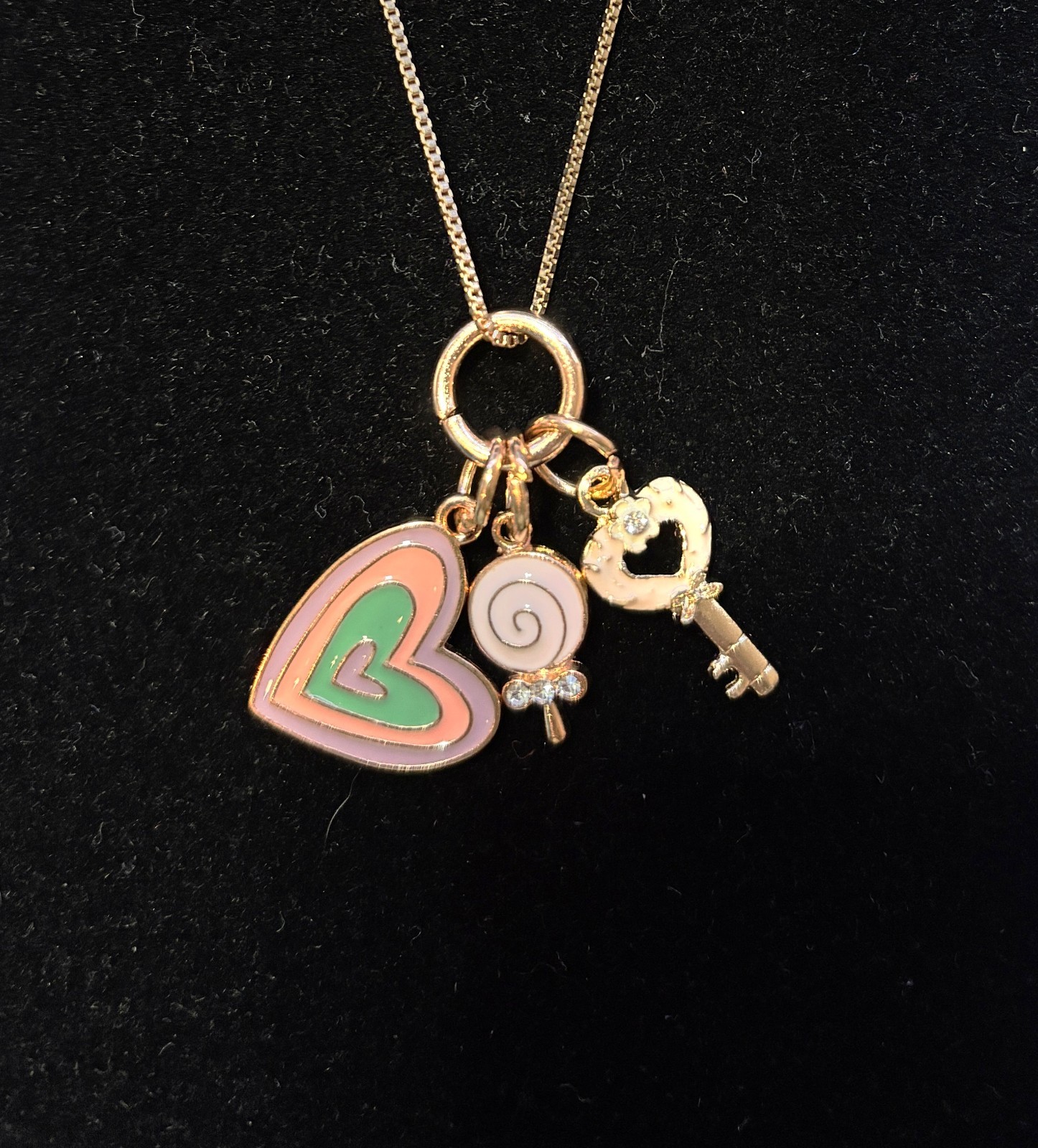 Delicate Enamel Heart Key Lollipop Style Venetian Box Chain Necklace