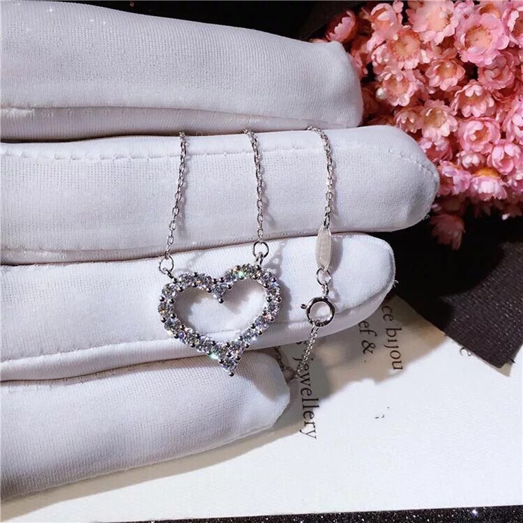 925 Sterling Silver Plated Open Heart Pendant Necklace Cubic CZ Love 17″ N38