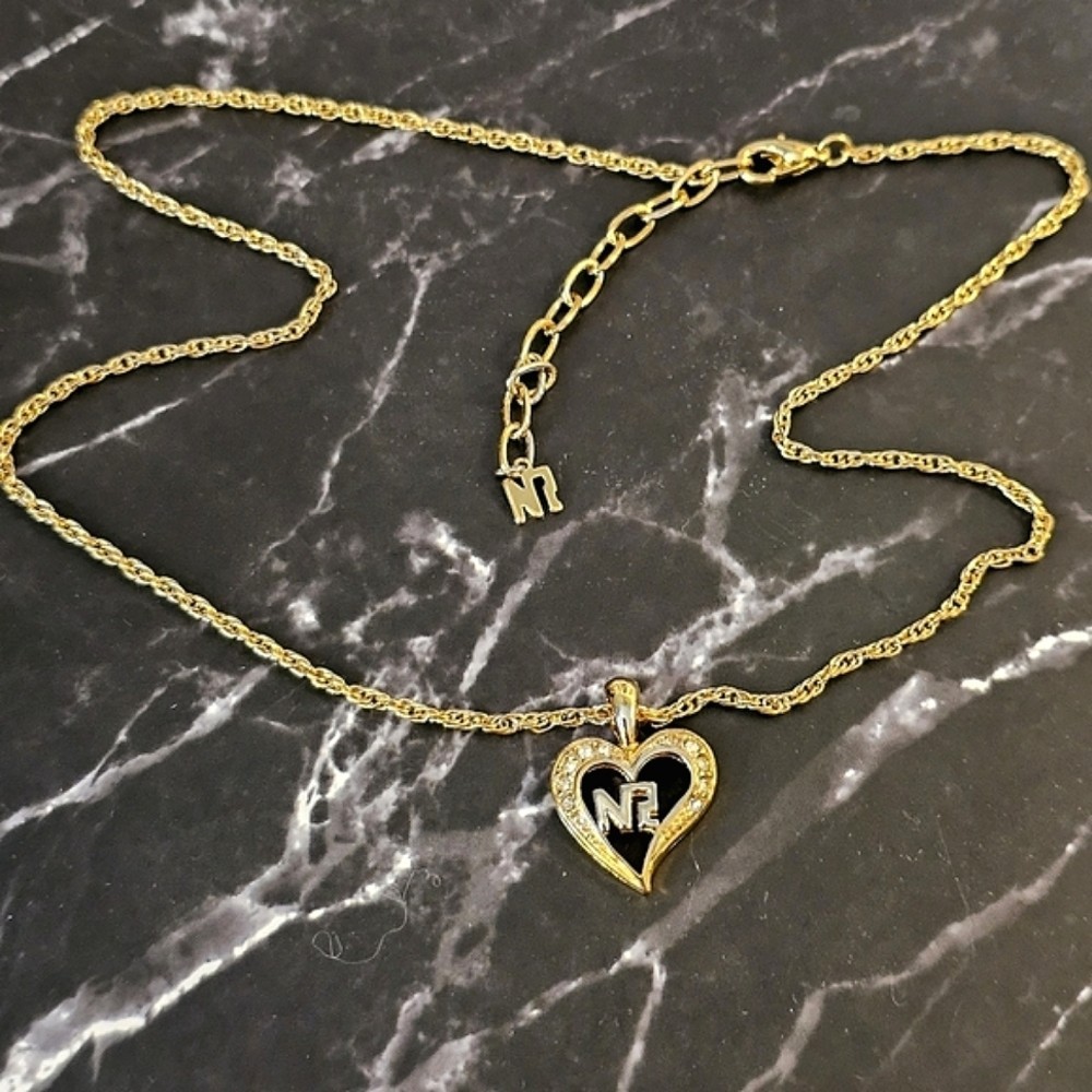 Gold Tone Metal Clear Colorless Stones Heart Pendant Necklace 14.75″ – 16.75″