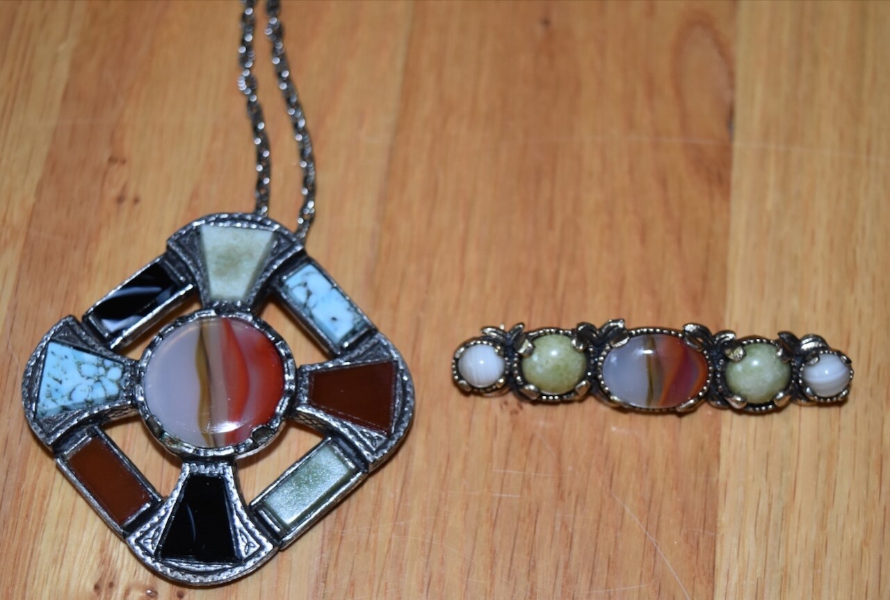 Lot of 2 Miracle Brooch & Celtic Cross Pendant Necklace Pin Faux Agate England