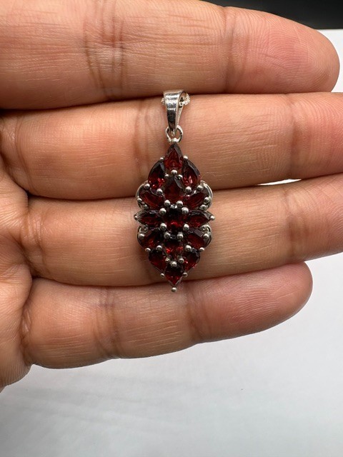 Natural Red Garnet Floral Cluster Pendant, Sterling Silver Statement Jewelry