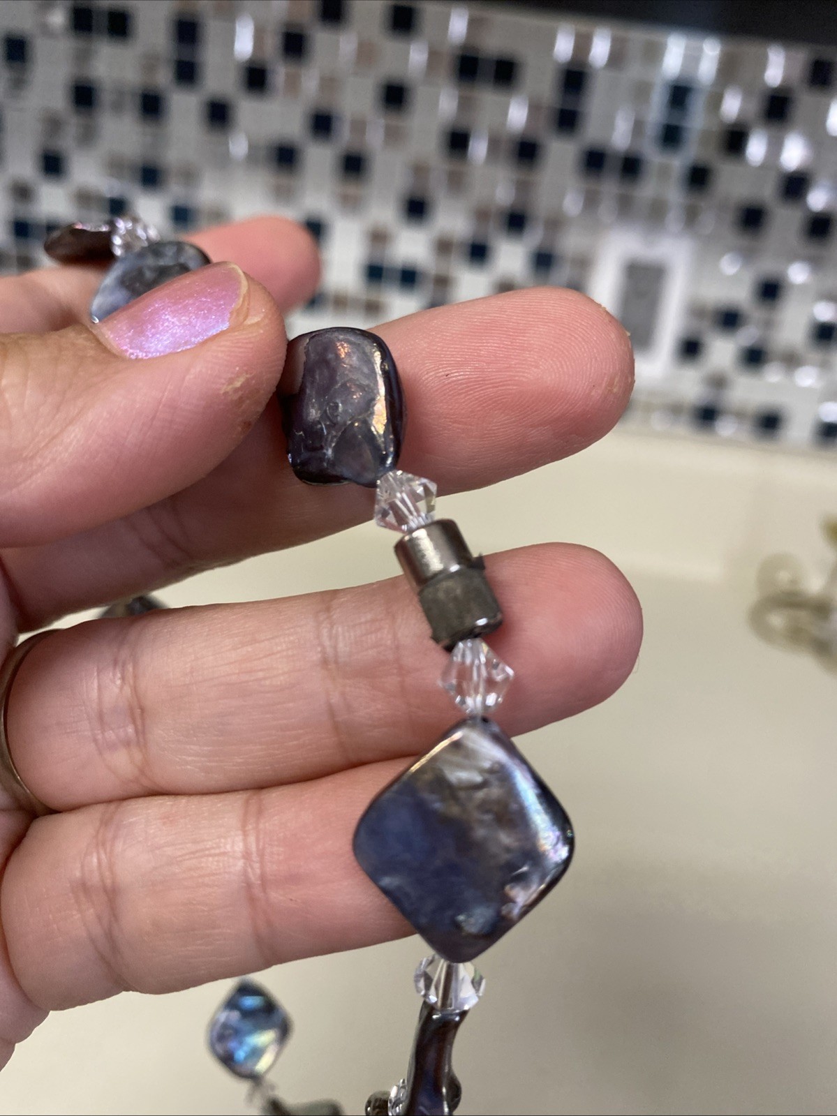 Necklace with Black Iridescent Natural Shell & Crystal Beads Choker