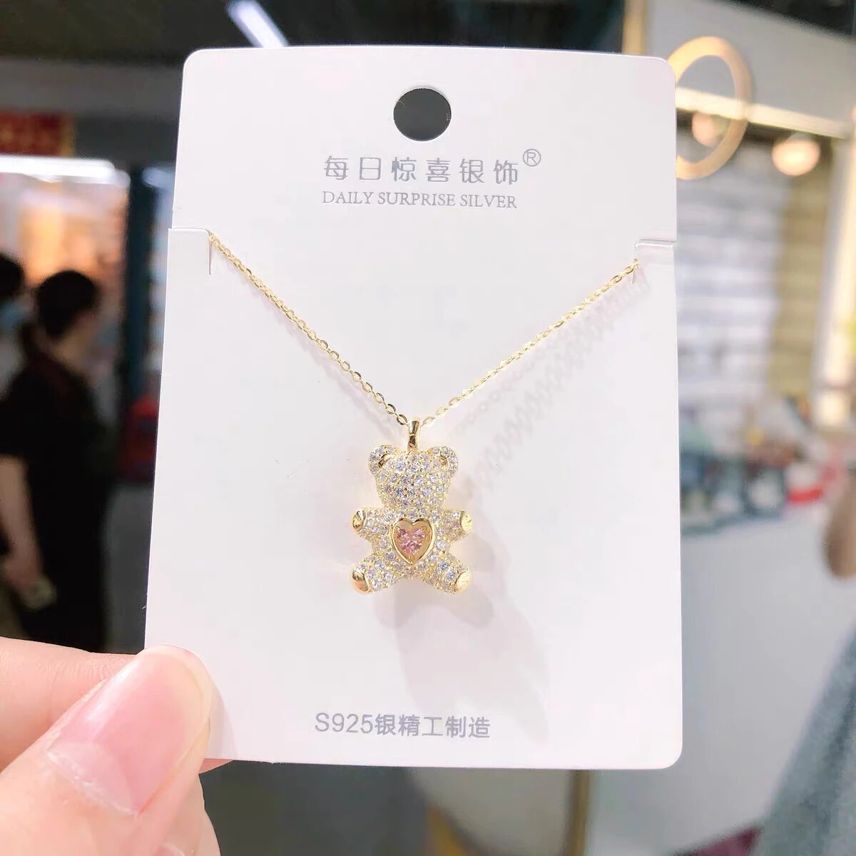 Women’s Fashion Gold Or Silver Teddy Bear Pink Heart Cubic Zircon Necklace 1-264