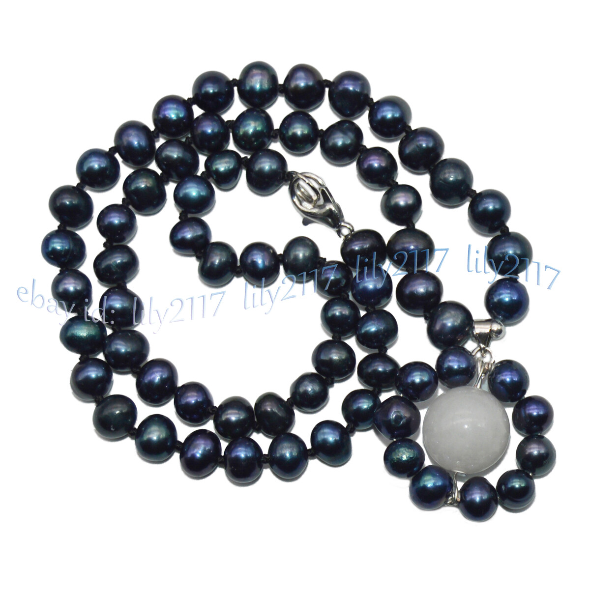 Natural 6-7mm Black Freshwater Pearl Round White Jade Gems Pendant Necklace 18”