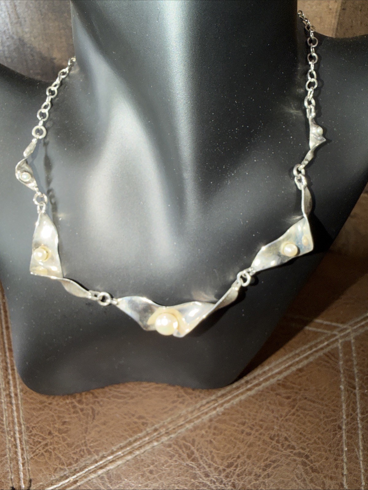 Daniel by Design Sterling Silver 925 Ribbon Wave Faux Pearl Choker Necklace 16”