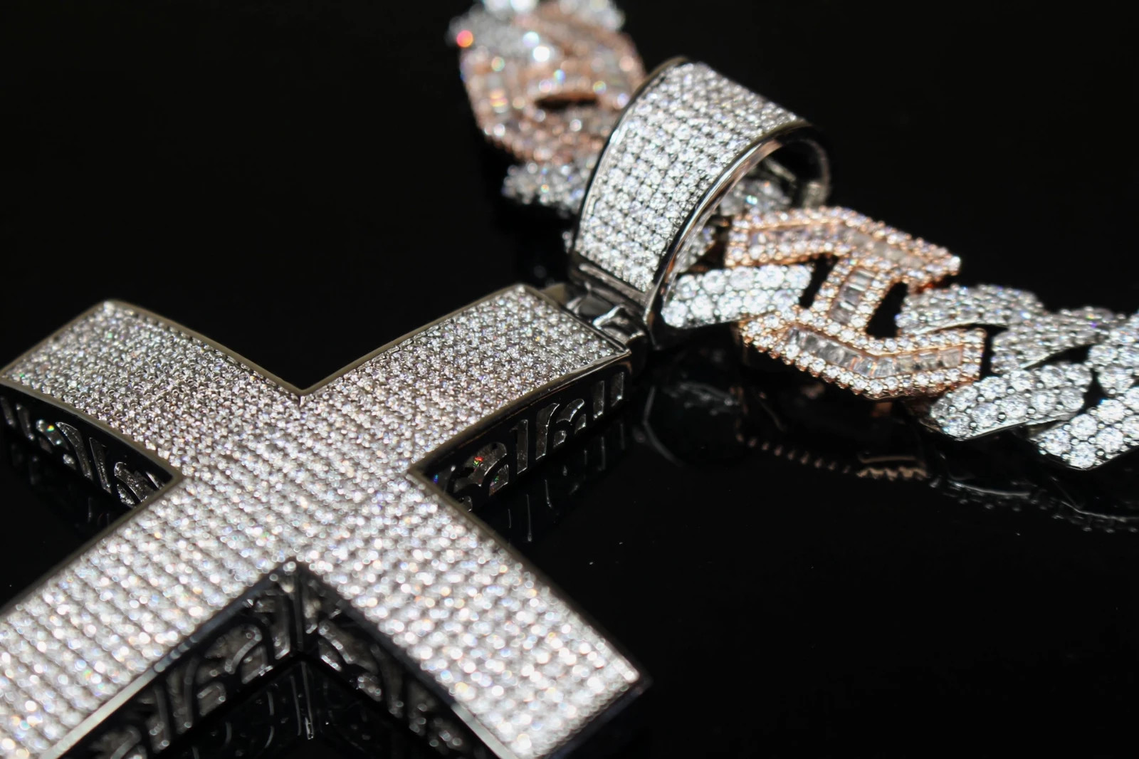 14k Stamp XL CROSS Pendant 14mm FIGARUCCI 2Tone Rose Chain 98ct Lab Sim Diamond