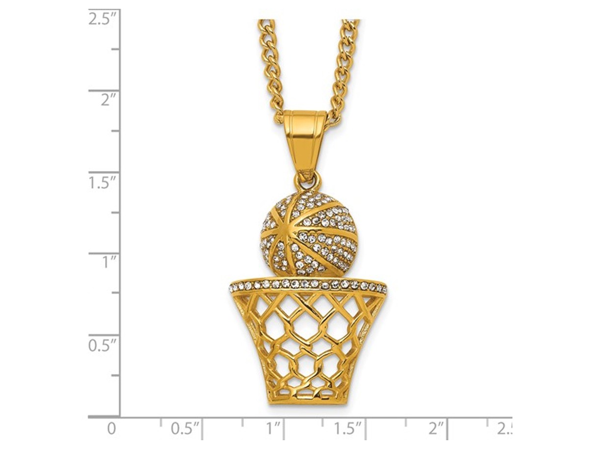 Yellow Plated Stainless Steel Basketball & Hoop Pendant Necklace with Chain