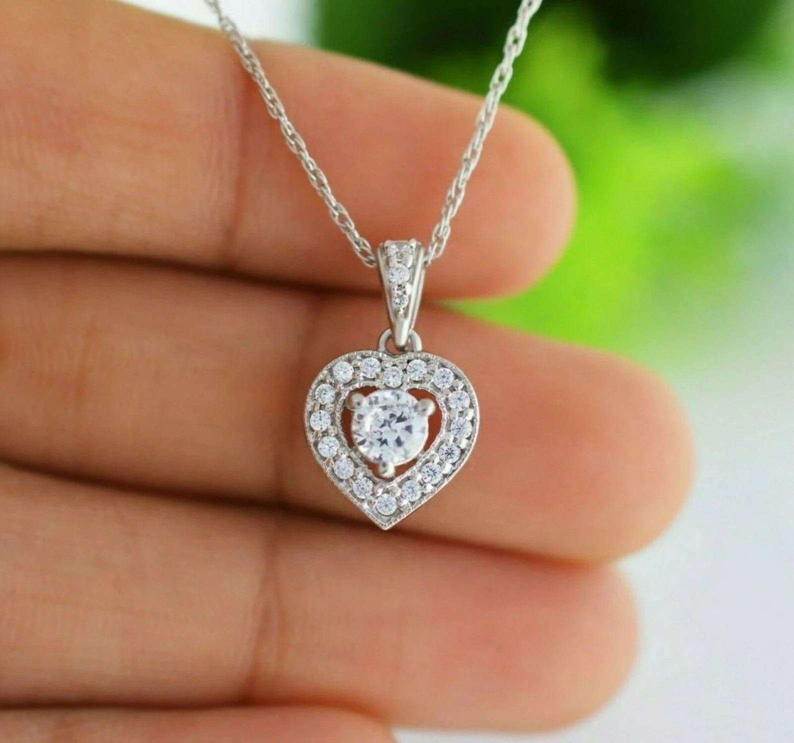 14k White Gold Plated 1 Ct Round Cut Simulated Diamond Halo Heart Chain Pendant