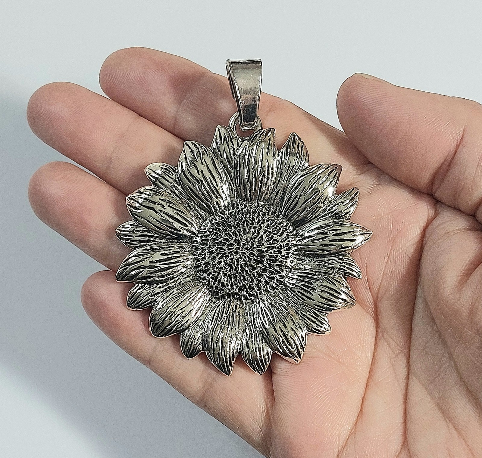 Large silver sunflower necklace pendant